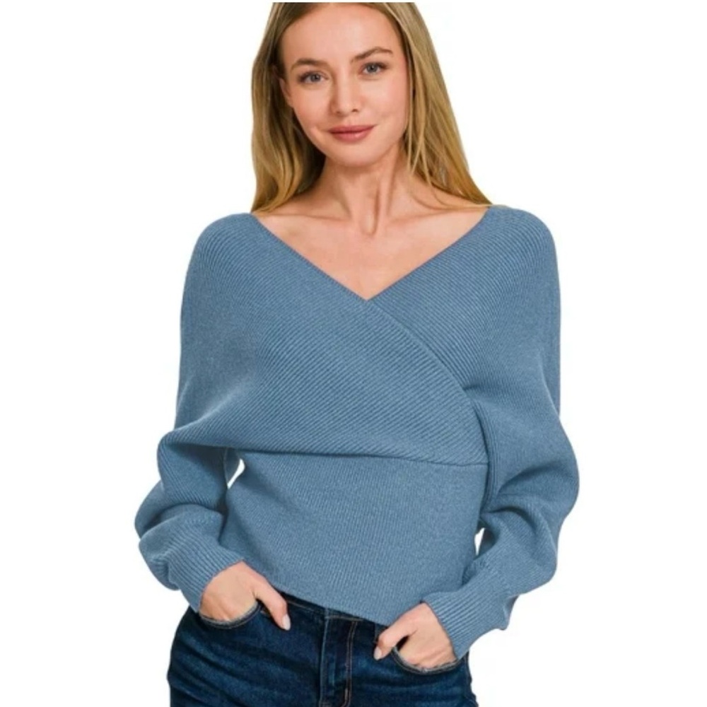 Zenana Long Sleeve V-Neck Wrap Sweater Fitted Waist Dusty Blue